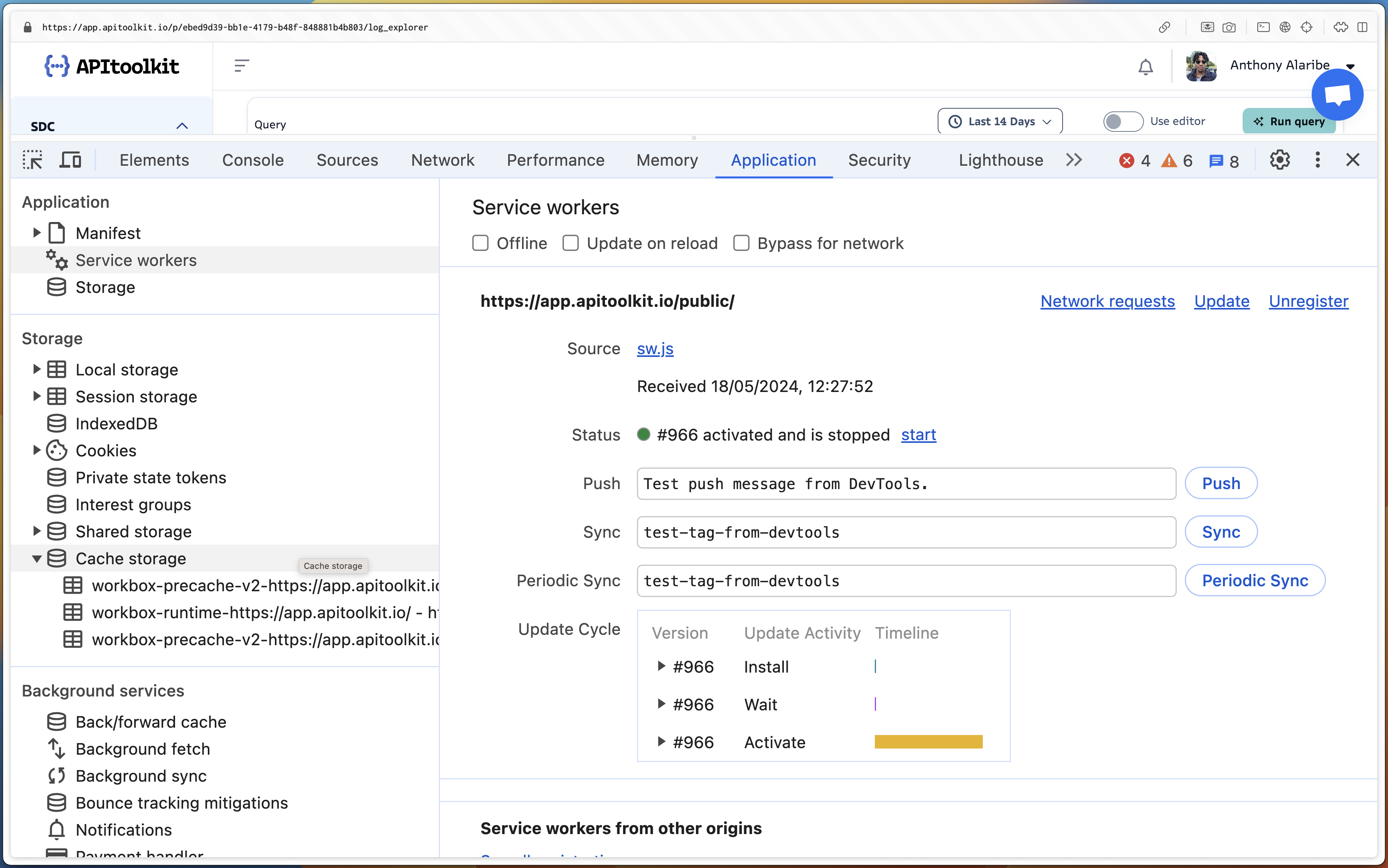 Chrome 浏览器控制台显示的已注册 service worker 图片。